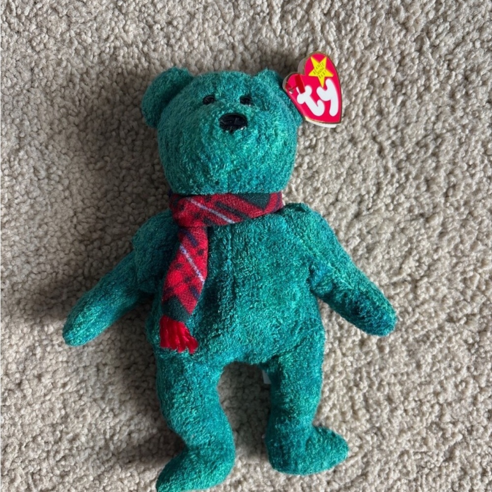 TY Beanie Baby - WALLACE the Bear in Teal with Red Plaid Scarf